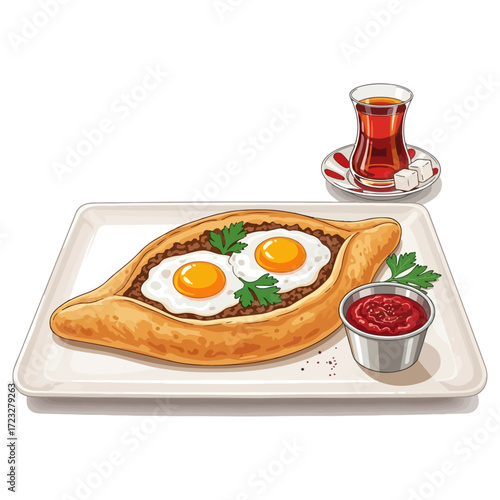 Delicious Georgian Khachapuri with Eggs and Tea on a Plate.