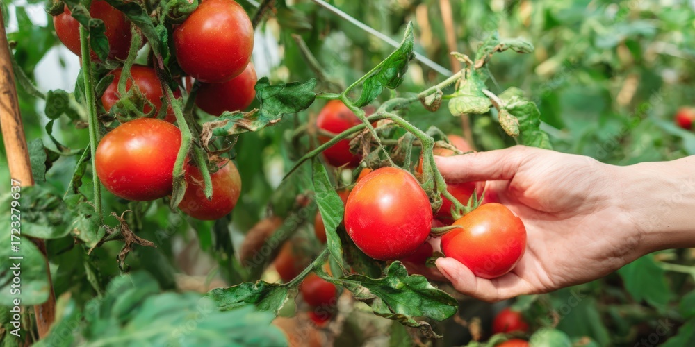 Fototapeta premium Hand picking ripe organic tomatoes greenhouse farming
