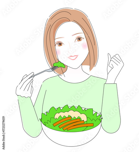 野菜サラダを食べる女性