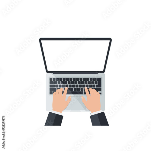 Hands typing on a laptop with a blank screen, top view.