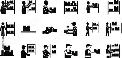 Warehouse worker icons:  A set of diverse black and white illustrations depicting various warehouse tasks and activities.