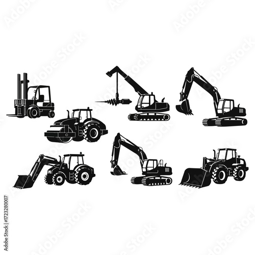 Heavy Construction Equipment Silhouettes Set.