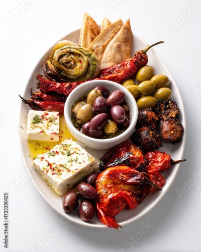 Mediterranean mezze platter with olives, feta and roasted peppers on a white background, photorealistic