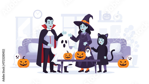 Spooky Gathering of Halloween: A happy family, dressed up as classic Halloween characters, stands joyfully beside carved pumpkin lanterns, inside a cozy and decorative Halloween scene.