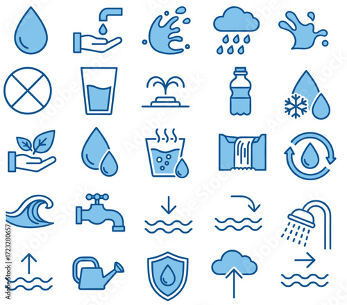 Water and Sustainability Icons Set – Conservation, Supply, and Eco-Friendly Vector Collection