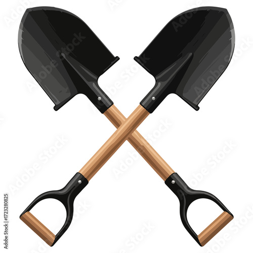Two Black Shovels Crossed Wooden Handles.