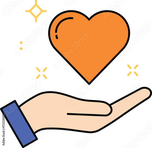 Orange heart held in open hand with yellow sparkles vector