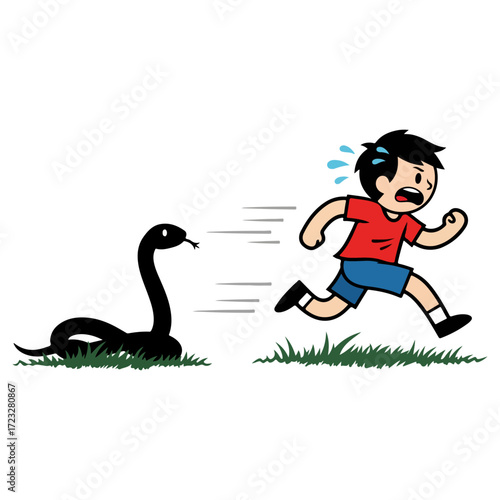 Boy running away from a black snake.