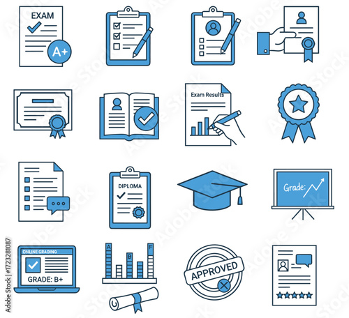 Education and Exam Results Icons Set – Grading, Certification, and Academic Achievement Vector icons Collection