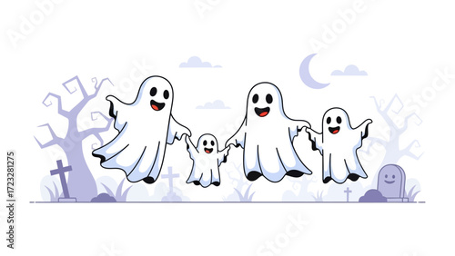 Happy Ghosts Holding Hands on Halloween Night: A charming illustration of a happy family of ghosts holding hands under a night sky filled with a crescent moon and clouds.