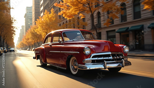 Classic red vintage car cruises down city street, bathed autumn sunlight. Retro automobile moves along urban road with buildings, trees with yellow leaves. Old-fashioned transport on travel.