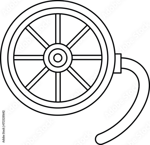 Simple line drawing of a vintage wagon wheel with handle antique transportation