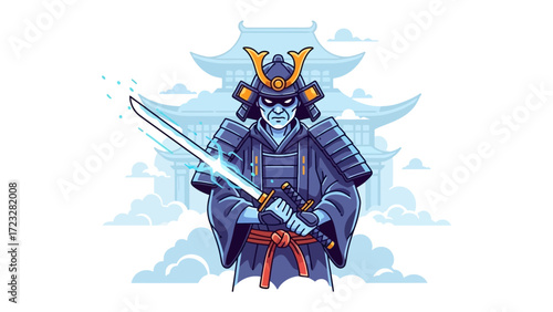 Samurai Warrior in Front of a Temple: A stoic samurai warrior, fully armored and holding a glowing katana, stands before a traditional Japanese temple, embodying the spirit of Bushido. 