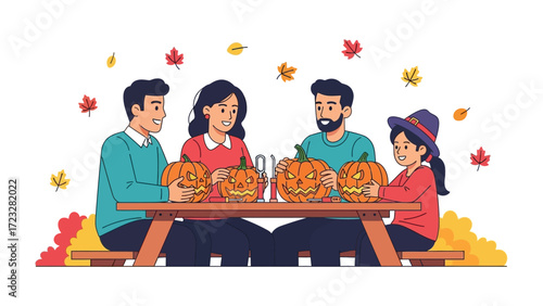 Family Pumpkin Carving: A vibrant illustration of a family gathered around a picnic table, engrossed in the creative process of carving pumpkins for Halloween.