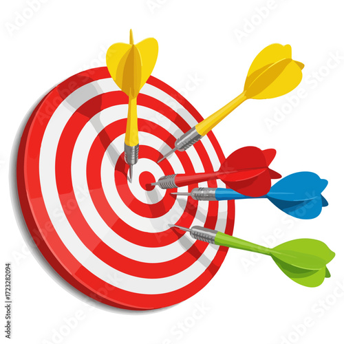 Dartboard with colorful darts hitting the bullseye.