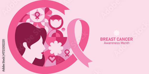 Geometric background for Breast Cancer Awareness Month with pink ribbon. Modern mosaic pink design for October awareness campaigns, healthcare promotions and greeting cards