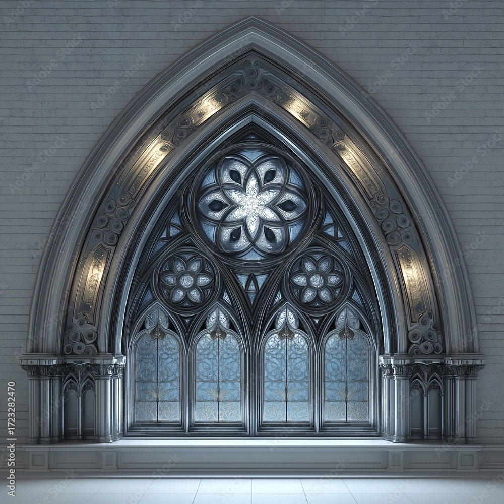 Naklejka premium Elaborate Gothic Arch Window with Intricate Design and Soft Lighting