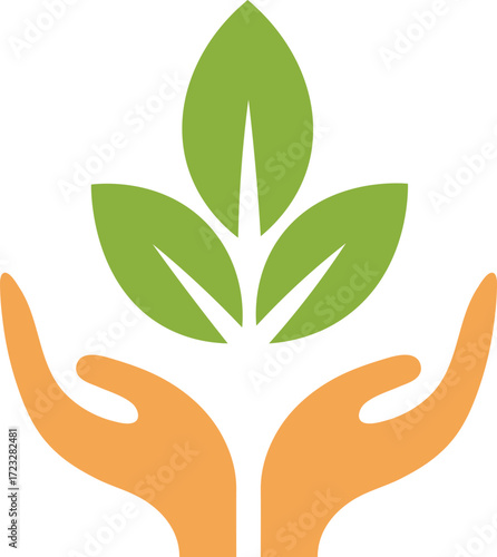 Two cupped orange hands holding up three green leaves vector