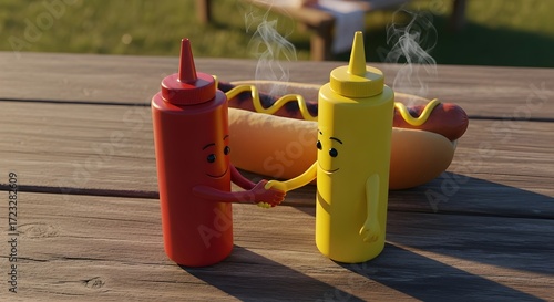 Animated Ketchup and Mustard Bottles Reach Agreement Over Hot Dog On Picnic Table