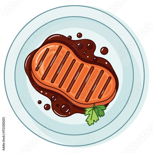 Grilled Beef Steak with Sauce on a Plate Illustration.