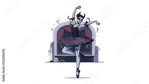 Dark Ballet in the Spotlight: A bewitching ballerina performs on stage in a stylized dark fantasy themed scene, showcasing her elegant movements. 