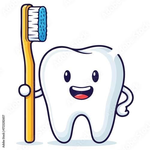 Happy cartoon tooth holding toothbrush.