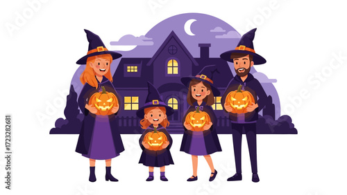 Halloween Family Gathering: A charming cartoon family, donned in Halloween attire, gleefully displays carved pumpkins against the backdrop of a spooky, moonlit house, embracing the spooky spirit.