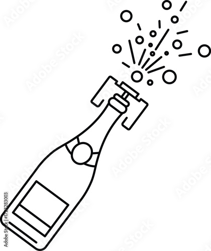 Black outline of champagne bottle popping with bubbles and lines celebration