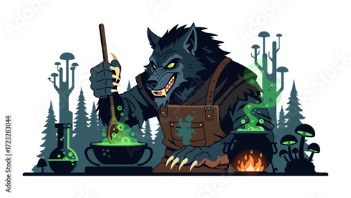 Werewolf Brews: A fearsome werewolf, with piercing eyes and an intense focus, stirs a bubbling potion, his every move suggesting the alchemy of the unseen world.