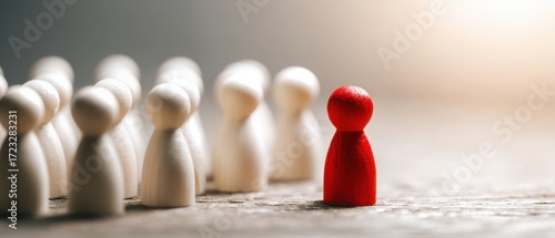 The Red Pawn Standing Before a Line of White Wooden Figurines Signifying Leadership