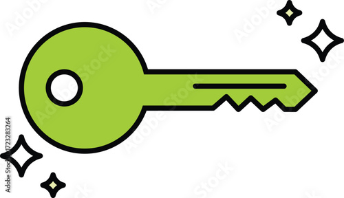 Green key with sparkling starbursts on white background lock unlock