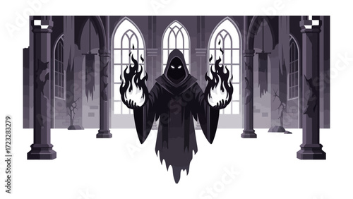 Mysterious Figure in Spooky Hall: A cloaked figure stands in a gothic hall, its ominous presence amplified by eerie flames in a haunting, illustrative artwork.