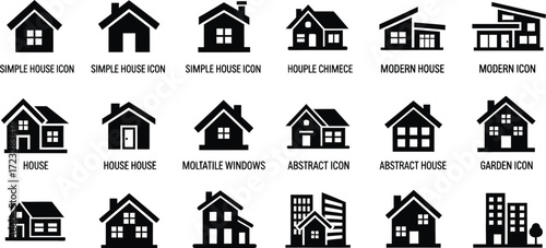A collection of house icons in black and white, showcasing various architectural styles and designs.