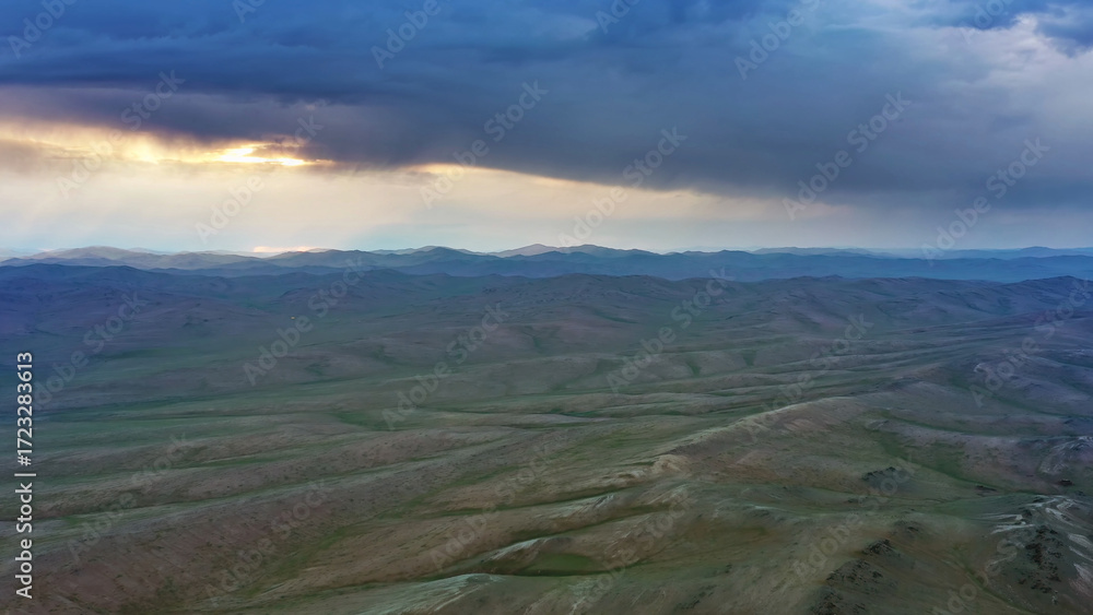 Fototapeta premium Aerial view of mountains at sunset in Mongolia