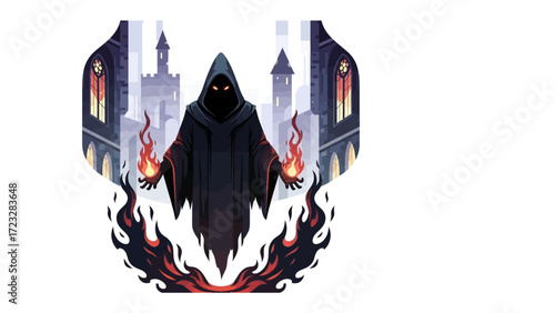 Mysterious Figure of Darkness: A captivating illustration depicts a mysterious figure cloaked in darkness, holding flaming hands with a backdrop of an eerie cityscape.