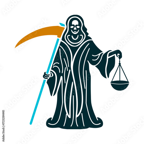 Santa Muerte Minimalist Icon Holding Scythe and Scales Santa Muerte Minimalist skeletal figure in a robe holding a scythe or scales