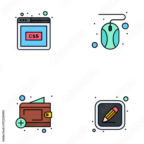Modern digital interface set web browser, mouse, wallet, and pencil icon for creative design