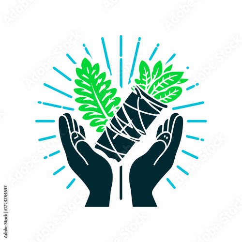 Curanderismo Hands Holding Herb Bundle Icon Curanderismo Hands holding a bundle of herbs ruda basil or sage with radiating energy lines
