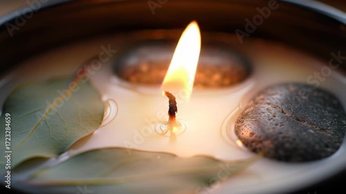 Wallpaper Mural Burning candle with stones & leaves in dark bowl Torontodigital.ca