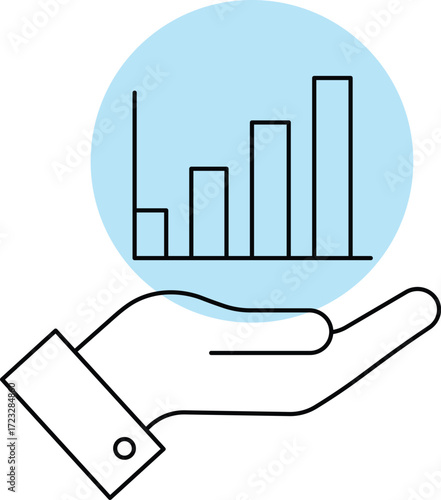 Hand holding bar graph with increasing trend inside light blue circle growth data