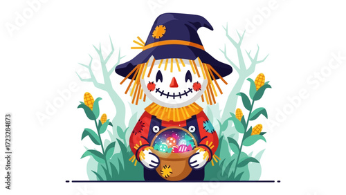 Joyful Scarecrow: A whimsical illustration depicts a smiling scarecrow, adorned in a rustic hat and vibrant attire, tenderly cradling a basket overflowing with colorful treasures.
