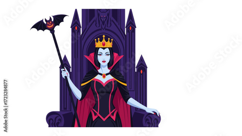 Sinister Queen: A regal yet ominous queen figure, crowned and holding a bat-topped scepter, sits enthroned in a shadowy, gothic castle, symbolizing power and command.