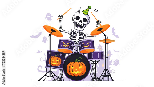 Spooky Drummer's Halloween Beat: A skeletal drummer with a party hat, skillfully playing on a pumpkin-themed drum kit, ignites the Halloween spirit.
