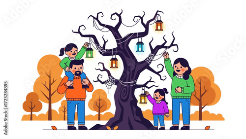 Autumn Family Bonding: A family, embracing the spirit of autumn, gathers around a mystical tree, adorned with whimsical lanterns.