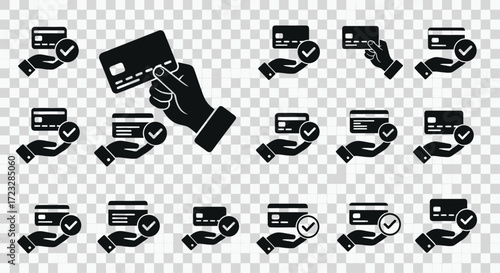Collection of black and white icons depicting a hand holding a credit card with a check mark, symbolizing secure online payment or transaction approval.