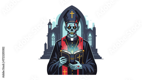 Spooky Sermon: A digitally rendered illustration of a skeletal cleric, enveloped in religious vestments, delivers a sermon with an illuminated bible.