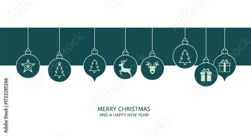 Festive Christmas ornaments with reindeer, star, Christmas trees, and gifts create a modern holiday cheer for seasonal greetings