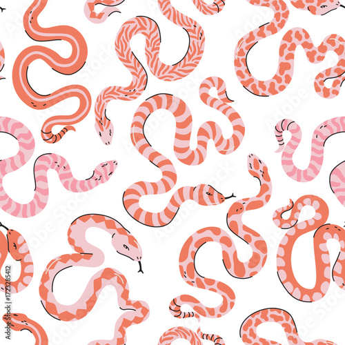 Cartoon funny colorful snakes seamless pattern. Animal print background. Halloween creepy spooky vector illustration. Childish concept for kids textile fabric design in modern fashion style