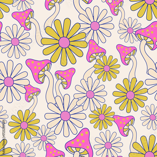 Psychedelic floral background in 70s 80s retro hippie style. Fun daisy chamomile flowers, mushrooms seamless pattern. Vector art illustration for contemporary design, groovy floral fabric