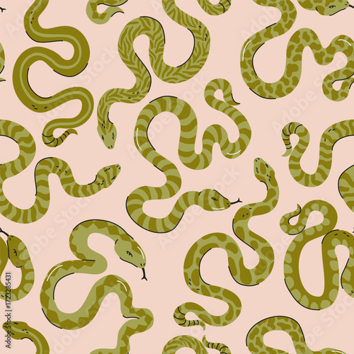 Cartoon funny colorful snakes seamless pattern. Animal print background. Halloween creepy spooky vector illustration. Childish concept for kids textile fabric design in modern fashion style